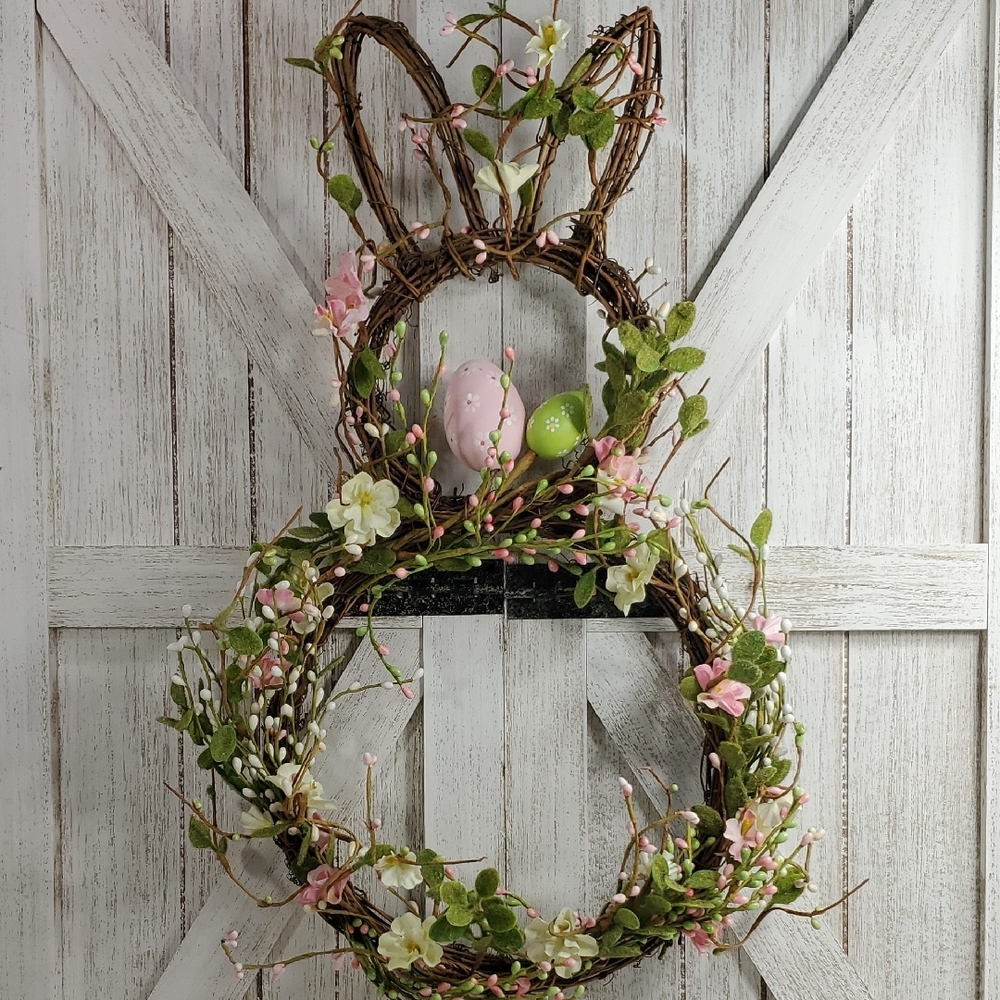 Easter Bunny Shaped Grapevine Holiday Wreath with Pastel Eggs & Flowers